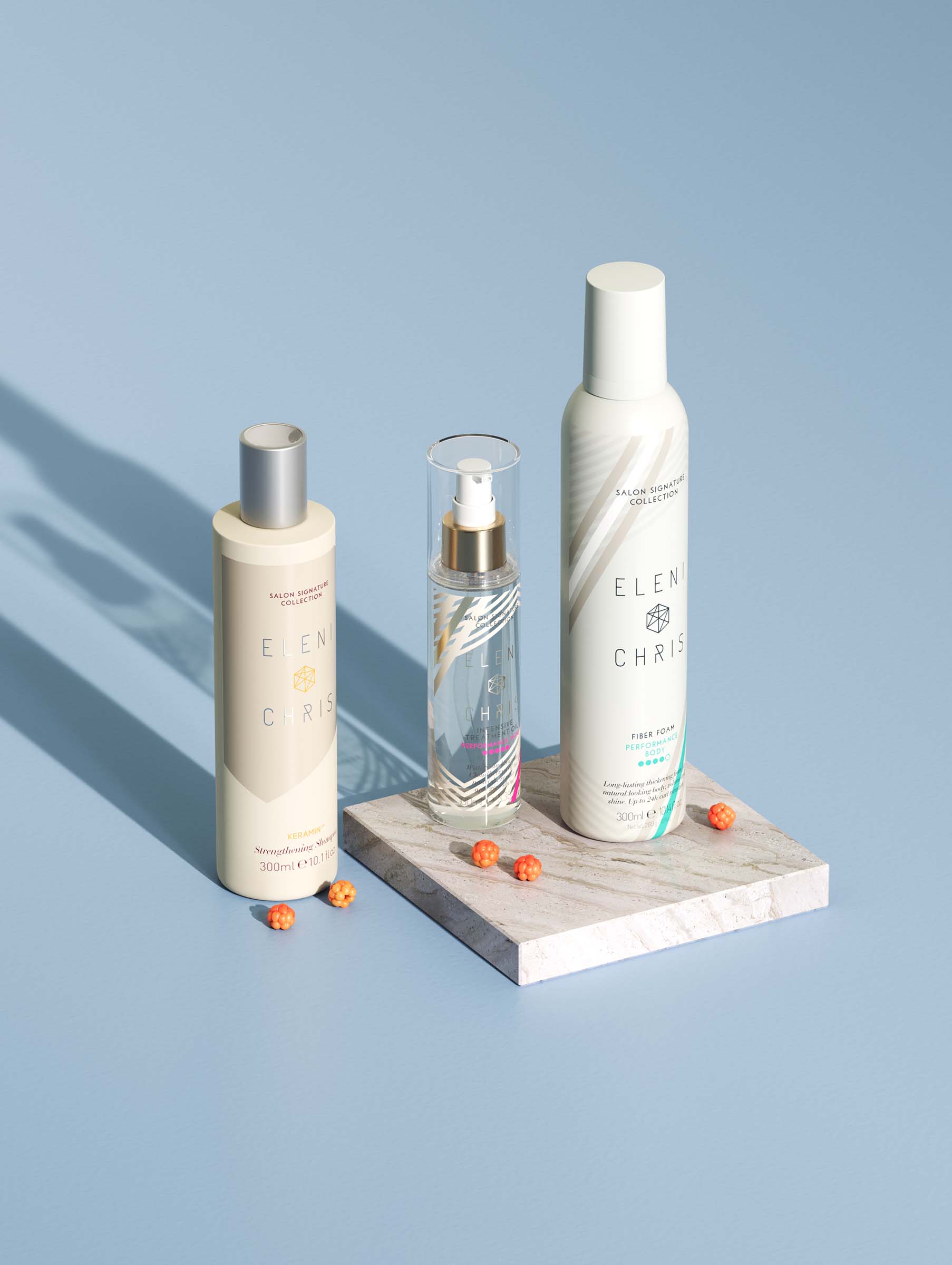 Bestselgende produkter fra Eleni & Chris: Fiber Foam, KeraMin, hårolje med multeekstrakt